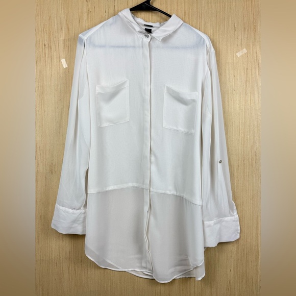 Chico's Tops - Chico's Black Label Shirt Womens 2 White Sheer Button Front Tunic High Low Hem